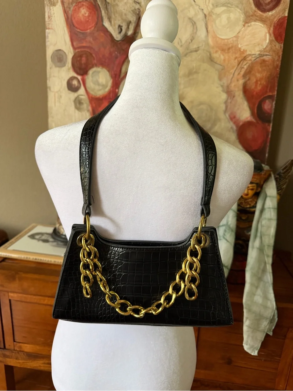 Black Croc-Embossed Shoulder Bag with Gold Chain